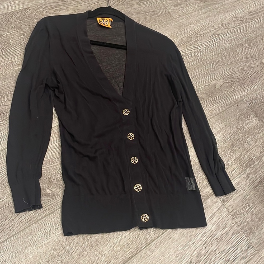 Tory Burch Soft Sheer Cardigan with Gold Logo Buttons - Picture 2 of 6